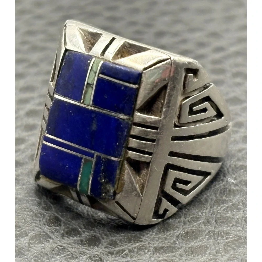 Vintage Sterling Silver Lapis Lazuli Malachite Inlay Heavy Chunky Ring Size 8.5